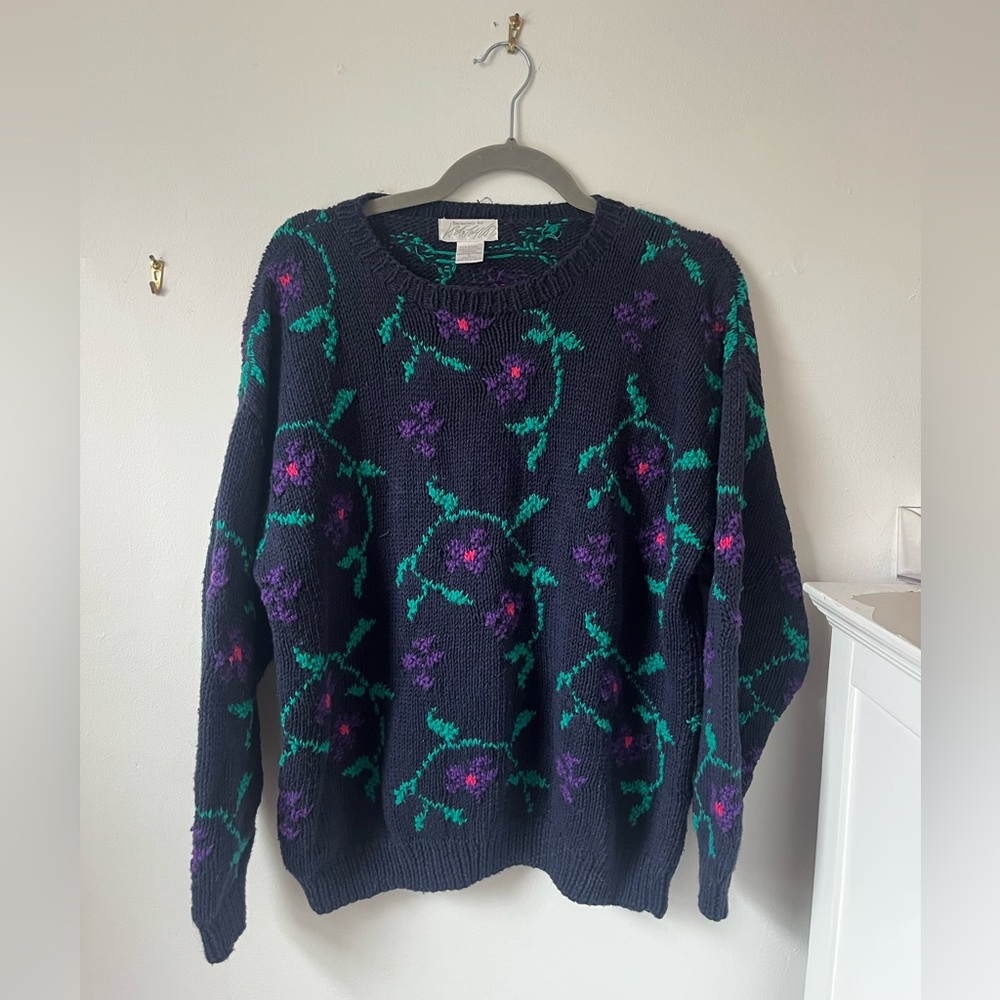 Vintage lord & Taylor Floral Knit Sweater - Black and Purple